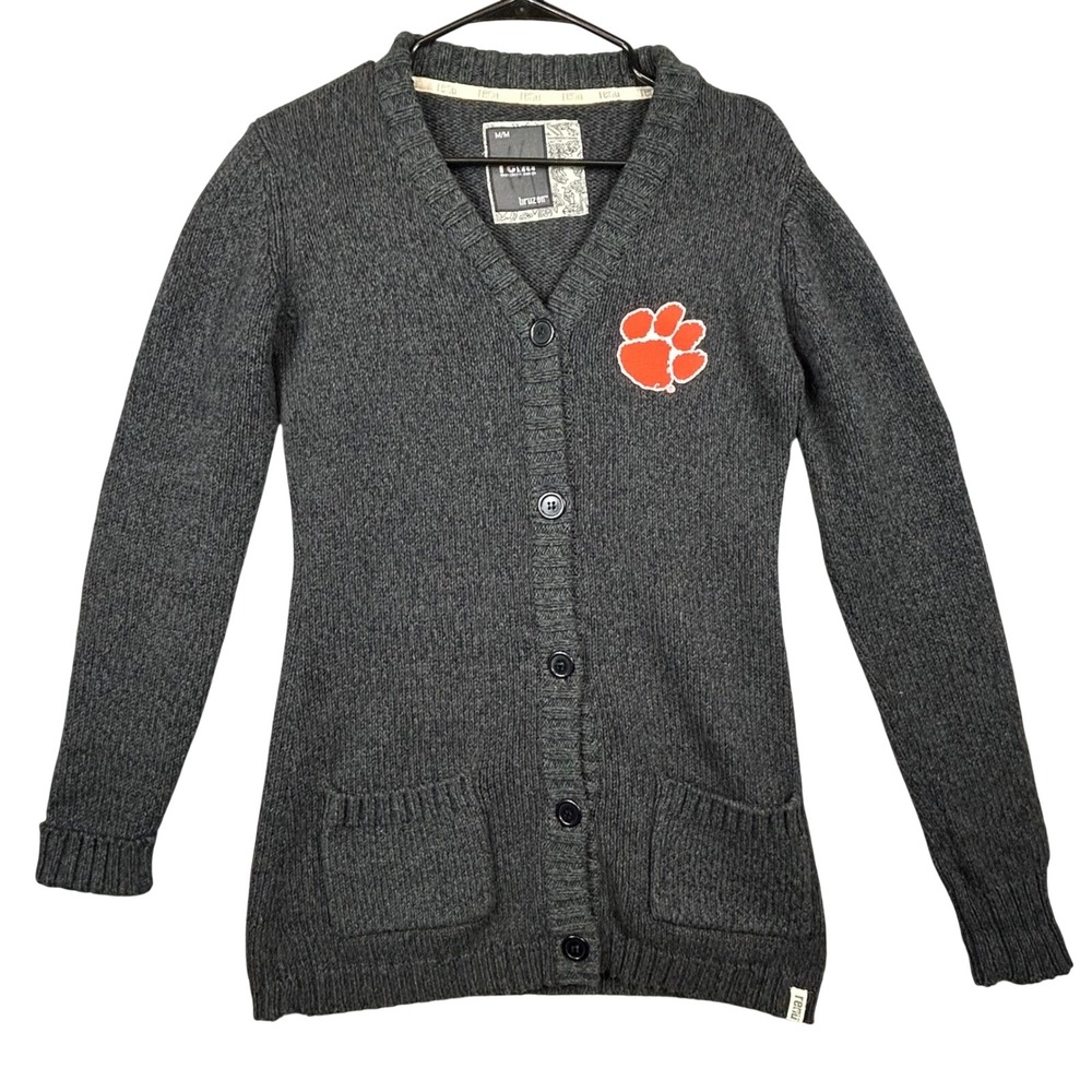 Renu Bruzer Womens Cardigan Sweater Dark Gray Clemson Paw Print Size M